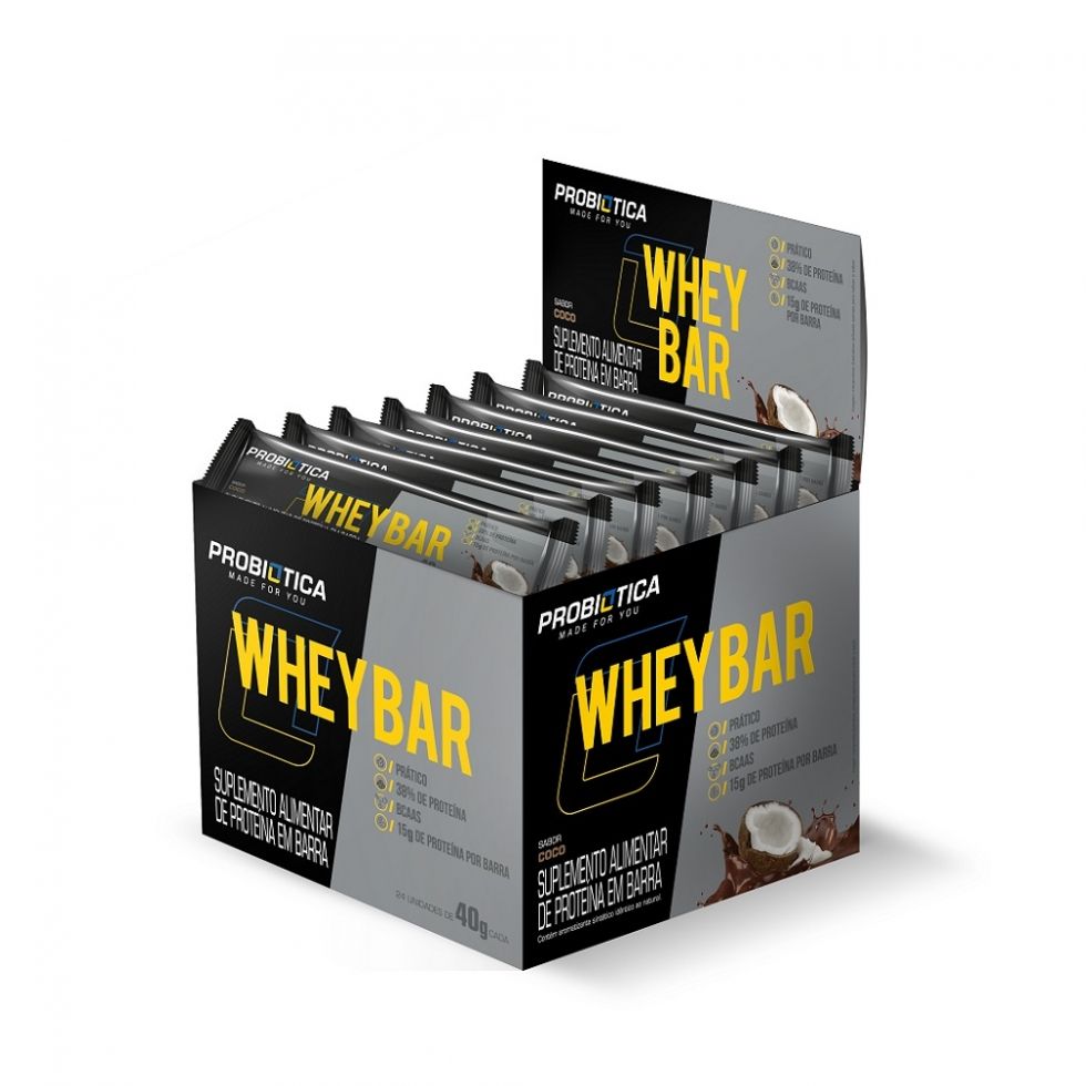 Caixa Probiótica com 24 barras Whey Bar Low Carb de 40 g