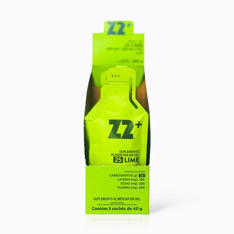 Display com cinco sachês de 40 g do Energy Gel Z2+ da Z2 Always Chasing