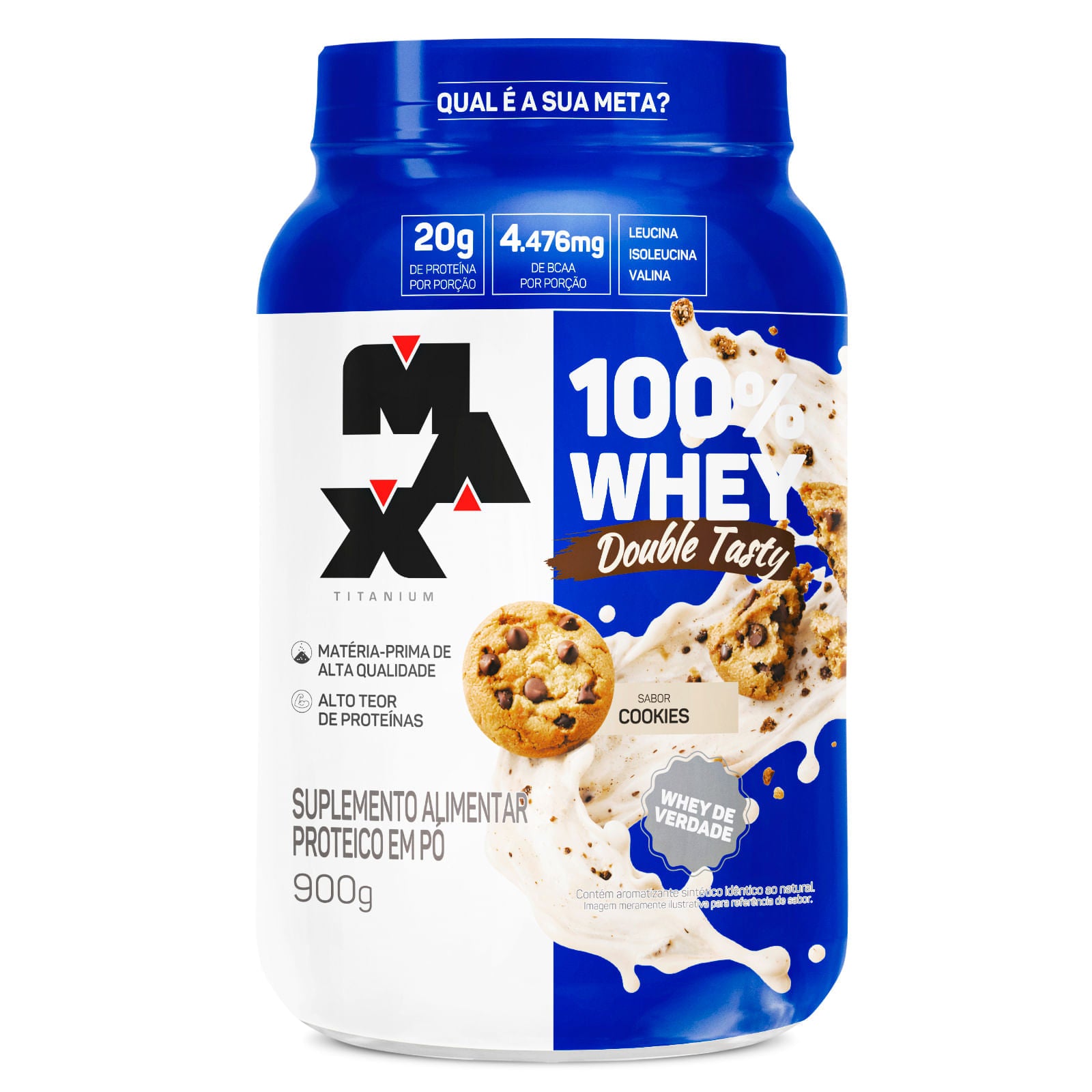 Pote de 900 g de 100% Whey Double Tasty Max Titanium, whey protein em pó com cacau