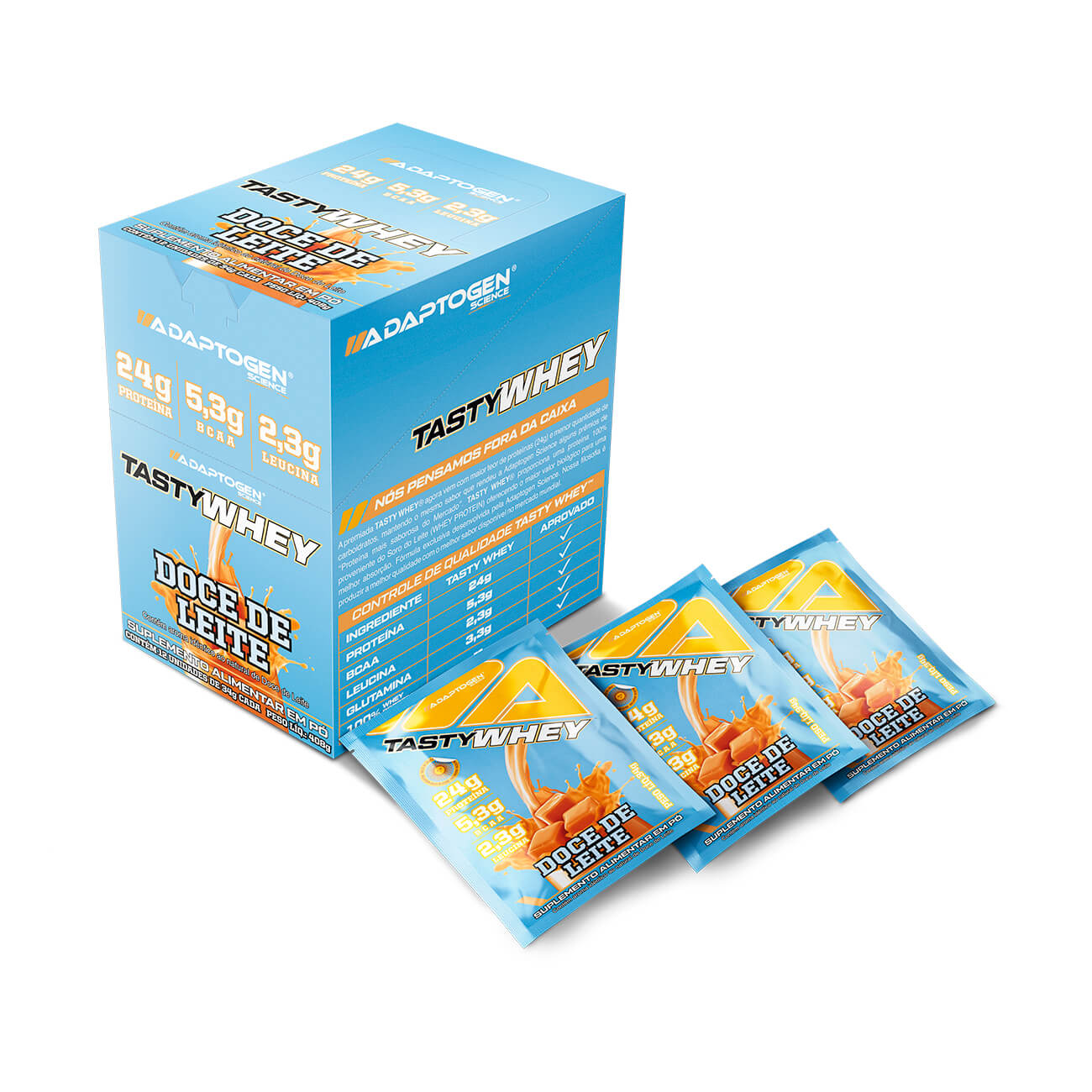 Display de sachês de Tasty Whey da Adaptogen sobre fundo claro