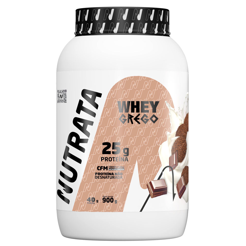 Pote de Whey Grego 900 g da Nutrata sobre fundo claro