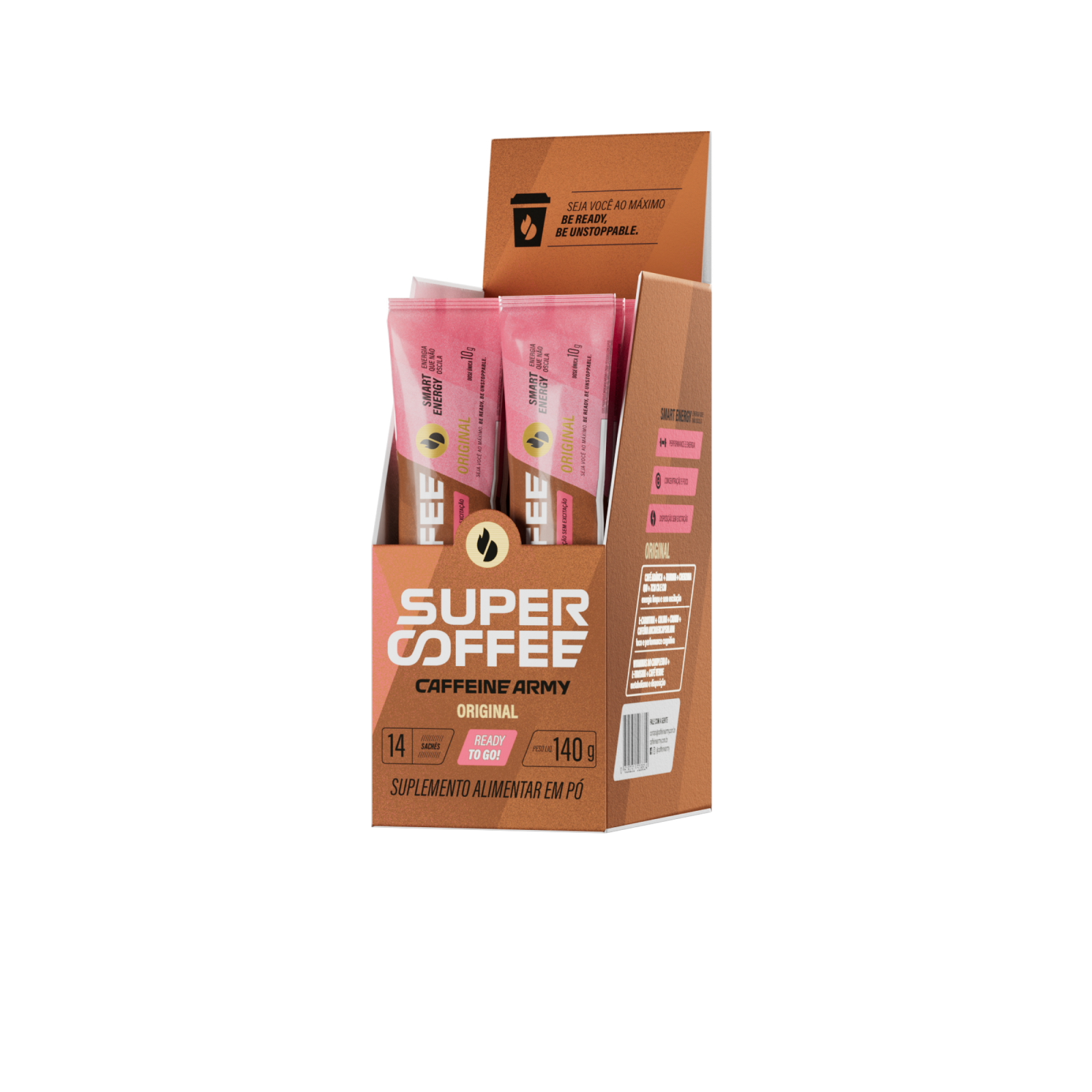 Display de SuperCoffee 3.0 To Go da Caffeine Army com 14 sachês de 10 g