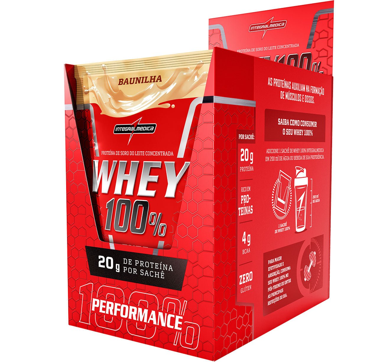 Display com 10 sachês de 30 g de Whey 100% Pure Integralmédica, whey protein em pó