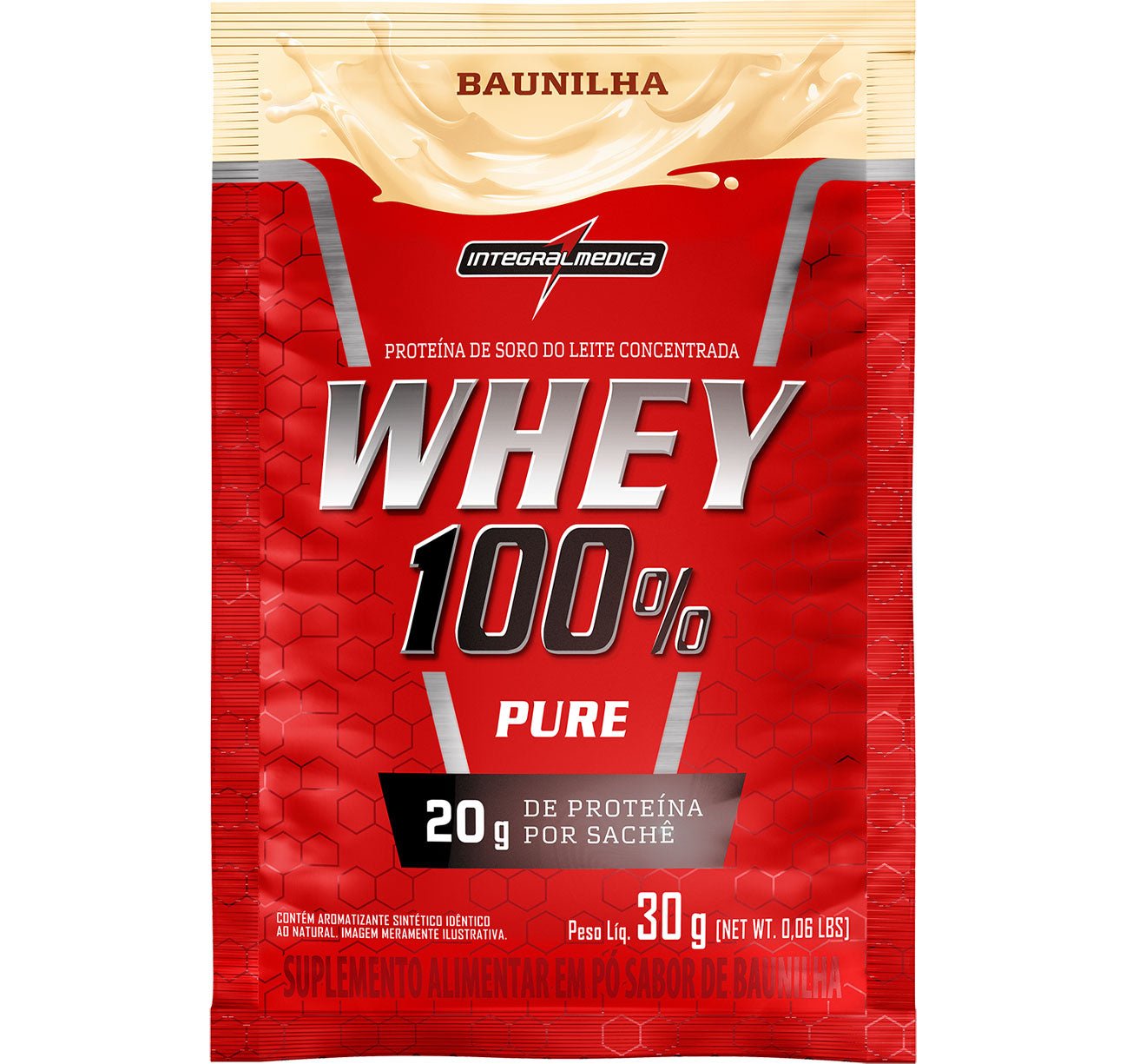 Sachê de 30 g de Whey 100% Pure Integralmédica, whey protein concentrado em pó