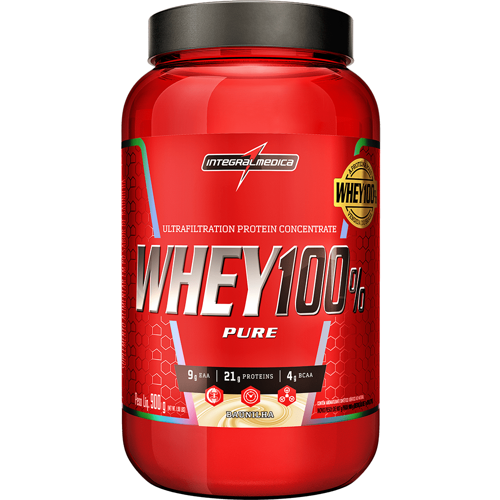 Pote de 900 g de Whey 100% Pure Integralmédica, whey protein concentrado em pó